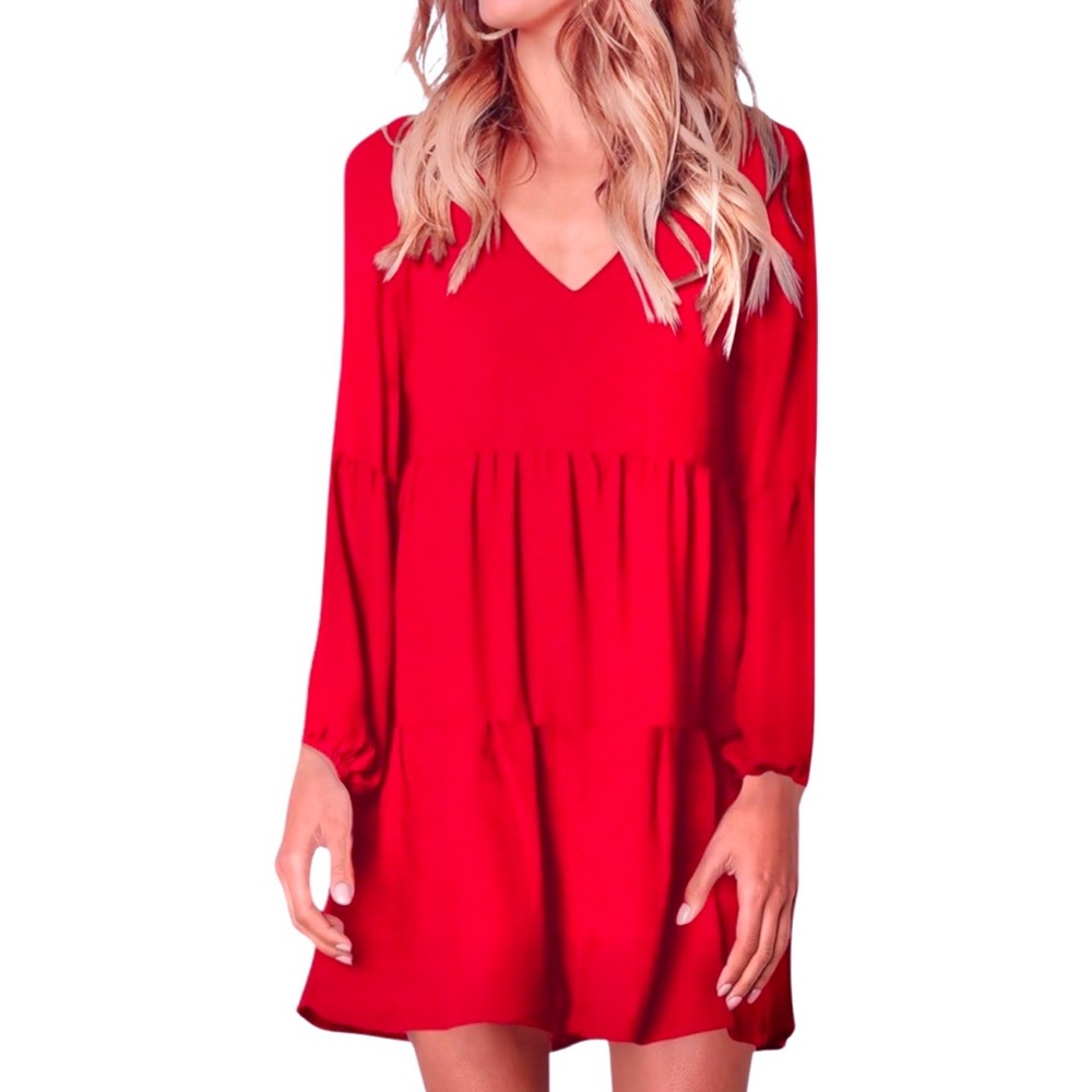 3/$30 ❤️ NWT See You Monday Red Tiered Faux Wrap Long Sleeve Dress Size Medium